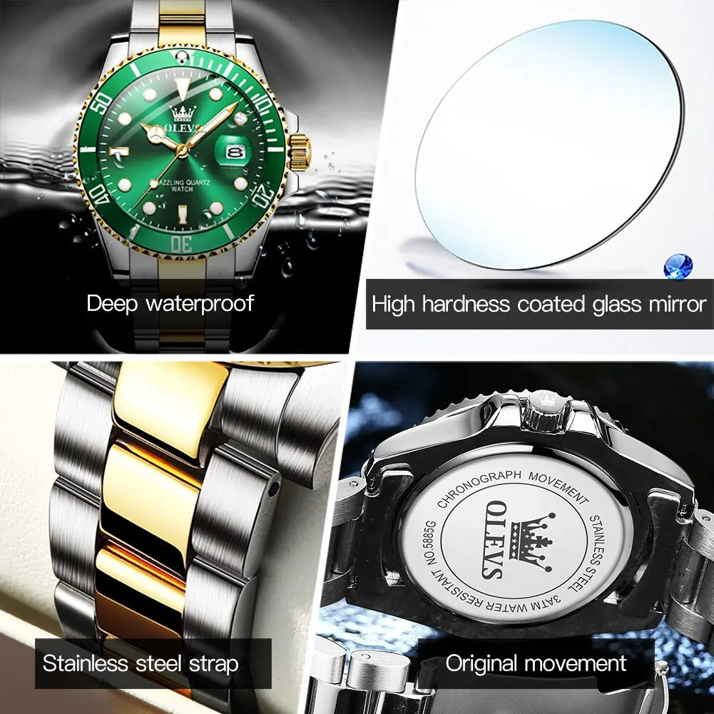 Top Original Men Watch Green Waterproof Watch for Men Stainless Steel Watch Luminous